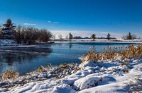 Winterliche Gelassenheit: Schneebedeckte Landschaft, die ruhige Gewässer spiegelt