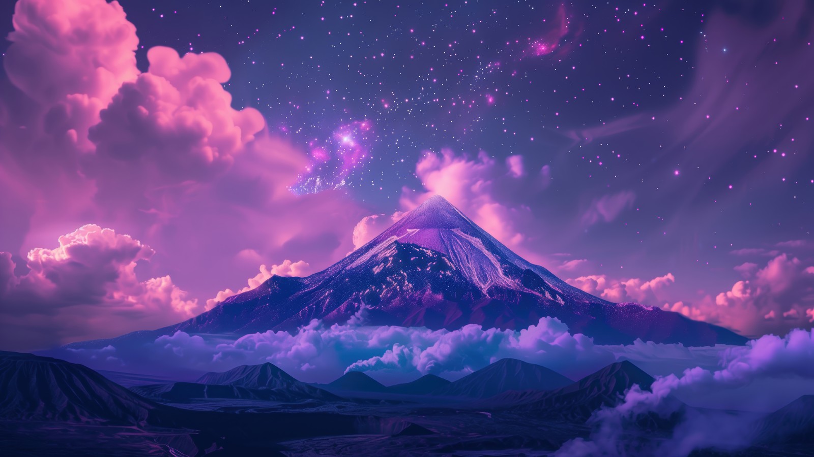 snowy, mountain, clouds, stars, sky wallpaper