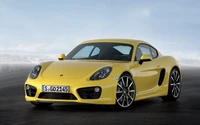 Porsche Cayman S en jaune vif, mettant en valeur un design élégant et des performances impressionnantes sur un fond dynamique.