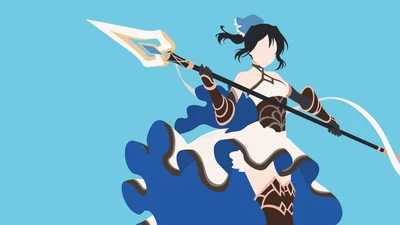 Momo Hinamori: Faceless Anime Character with Spear Against Cyan Background