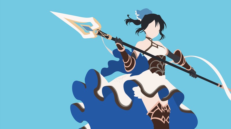 A woman in a blue dress holding a sword and a flag (momo hinamori, bleach, cyan background, faceless, anime)