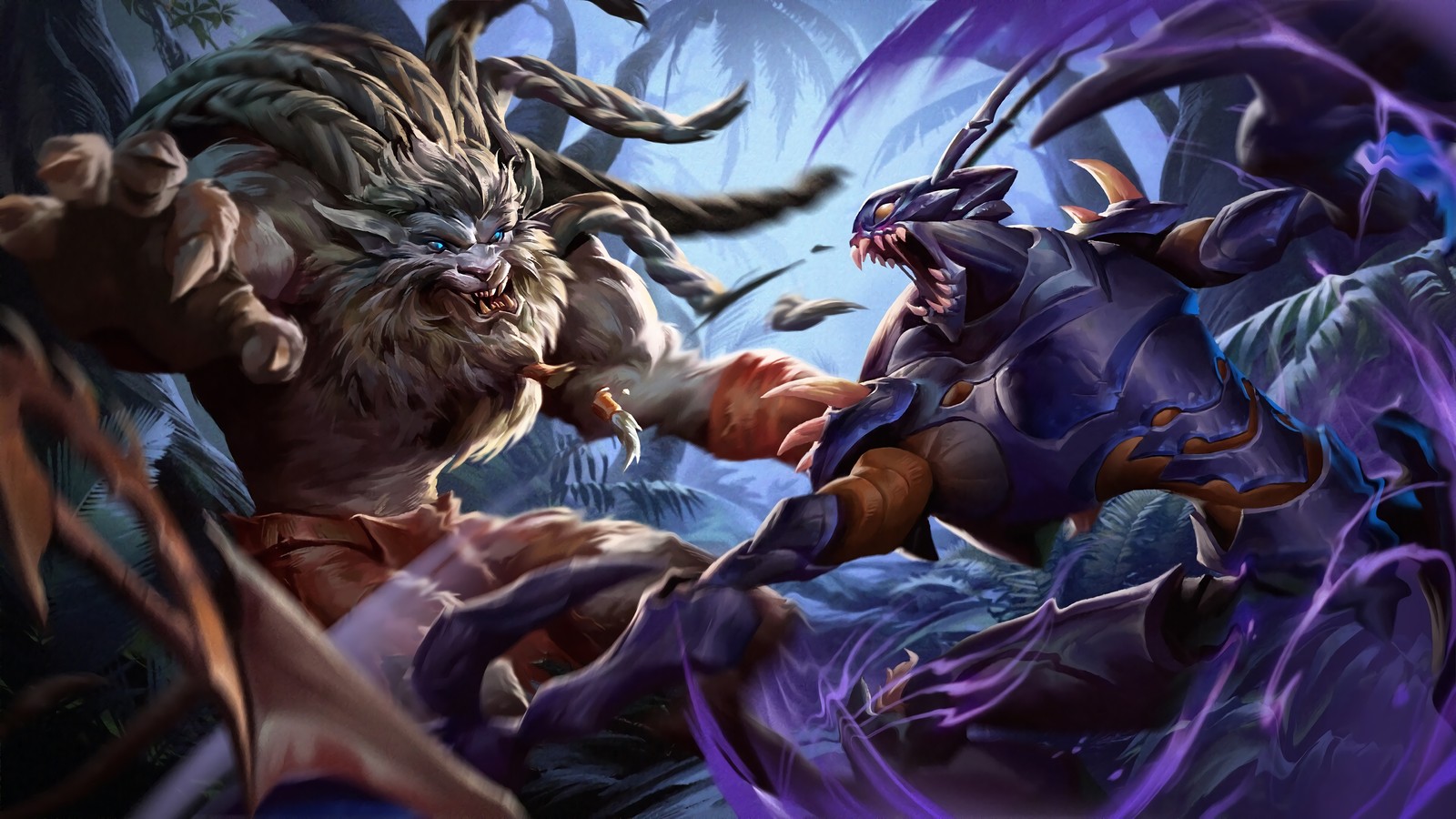 A close up of a person riding a horse near a monster (rengar, khazix, league of legends, lol, video game)