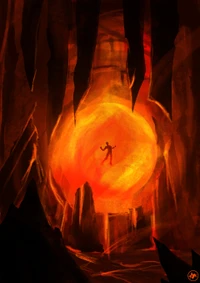 Fiery Encounter in a Cavern: A Fictional Character Amidst Flames