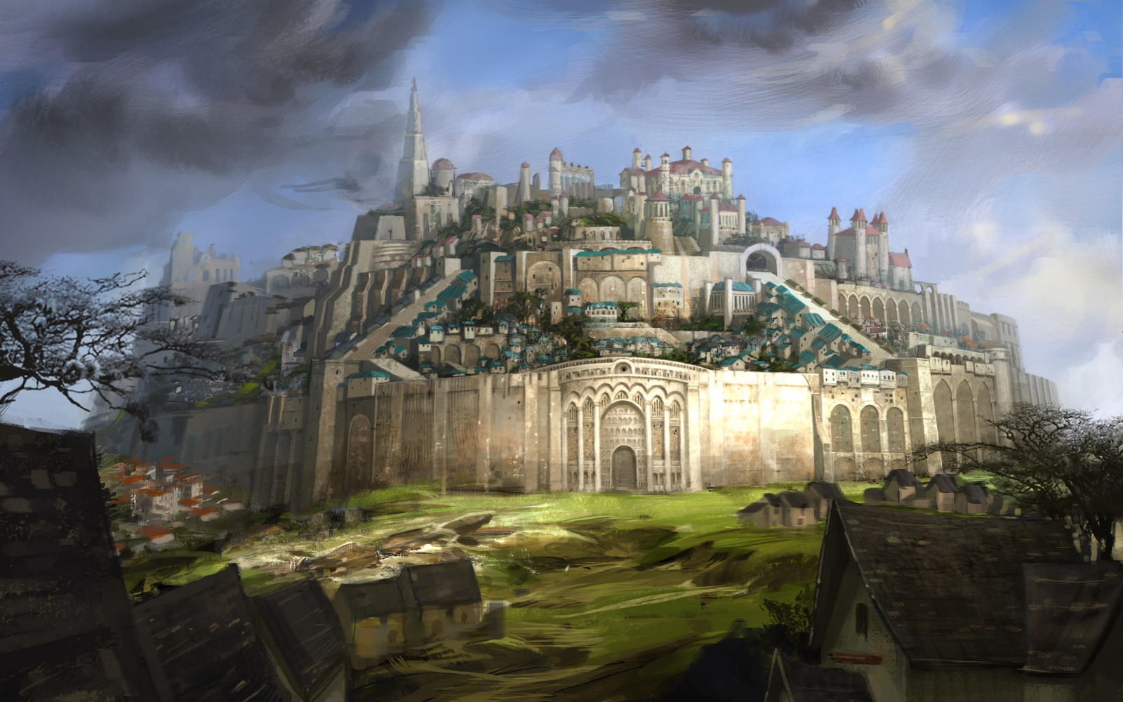 Une peinture d'un château sur une colline avec un fond de ciel (guild wars 2, fantaisie, bâtiment, architecture médiévale, château)