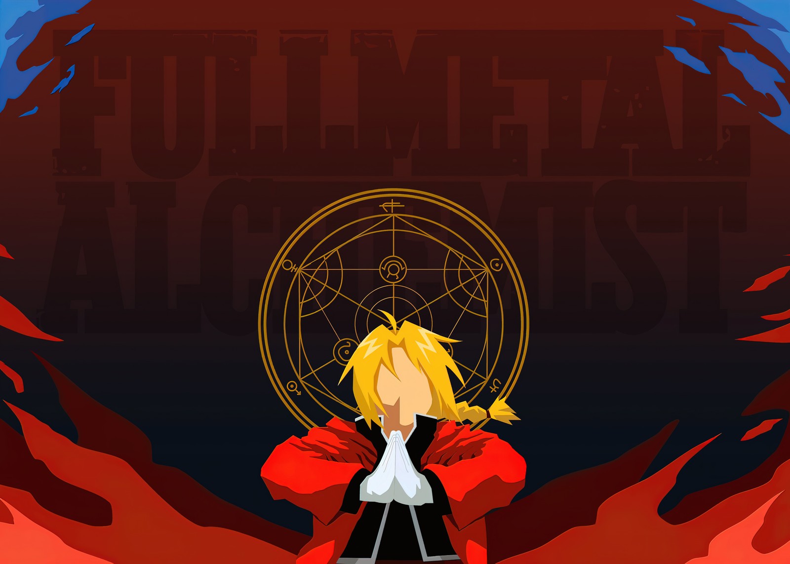 Un primer plano de un personaje de dibujos animados con un abrigo rojo (edward elric, fullmetal alchemist, sin rostro, anime, fondo de pantalla 4k)