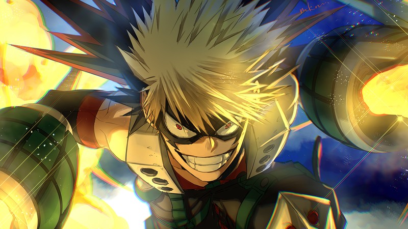 Аниме персонаж с белыми волосами и черным глазом (katsuki bakugo, my hero academia, мха, mha, 僕のヒーローアカデミア)