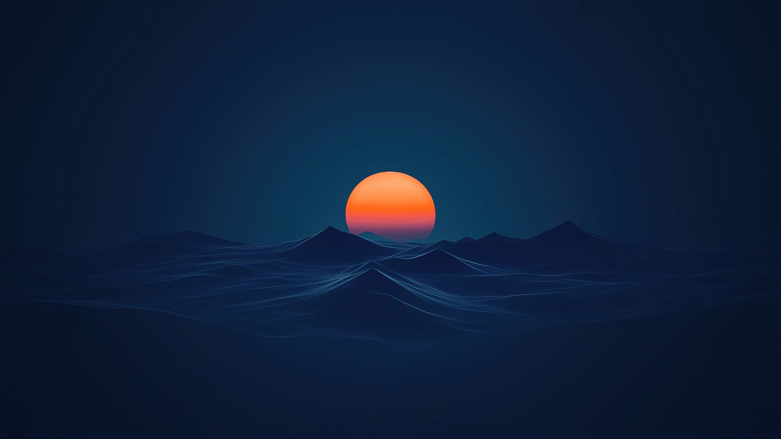 Un coucher de soleil sur l'océan avec des vagues et un soleil (coucher de soleil, montagne, minimaliste, minimalisme, art numérique)