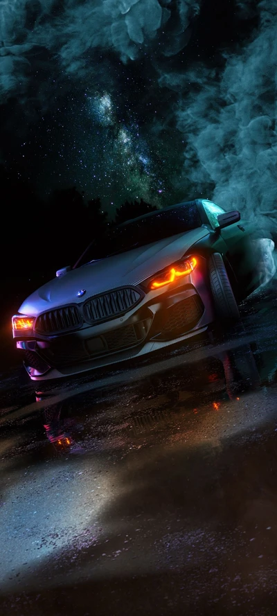 BMW M4 в динамичной ночной сцене с яркими световыми эффектами