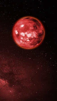 Planeta vermelho em meio a uma nebulosa cósmica