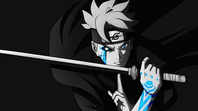 Boruto Uzumaki listo para la batalla con katana en estética oscura de anime