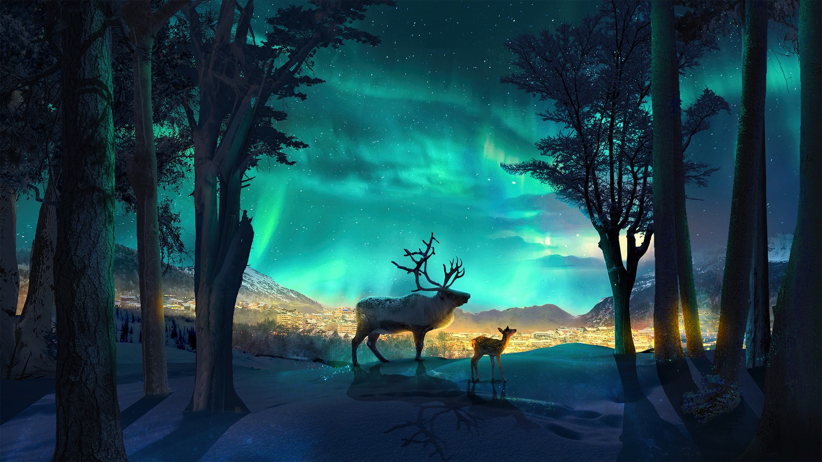 Une peinture d'un renne et d'un cerf dans une forêt enneigée (illuminé, aurore boréale, renne, ciel daurore, nuit froide)