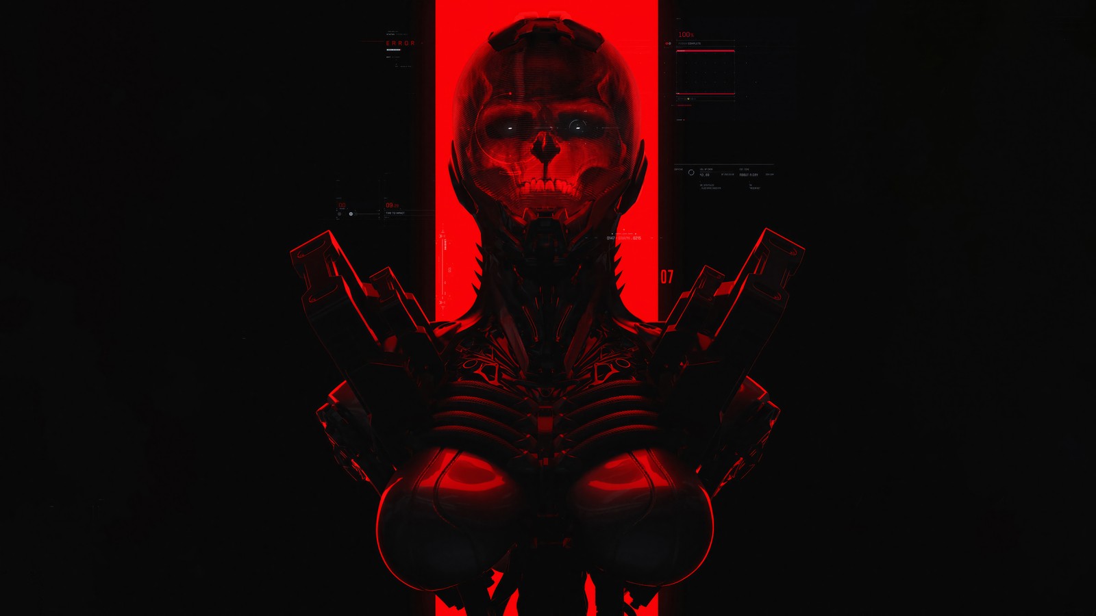 A close up of a robot with a red light in the background (sci fi, skull, soldier)