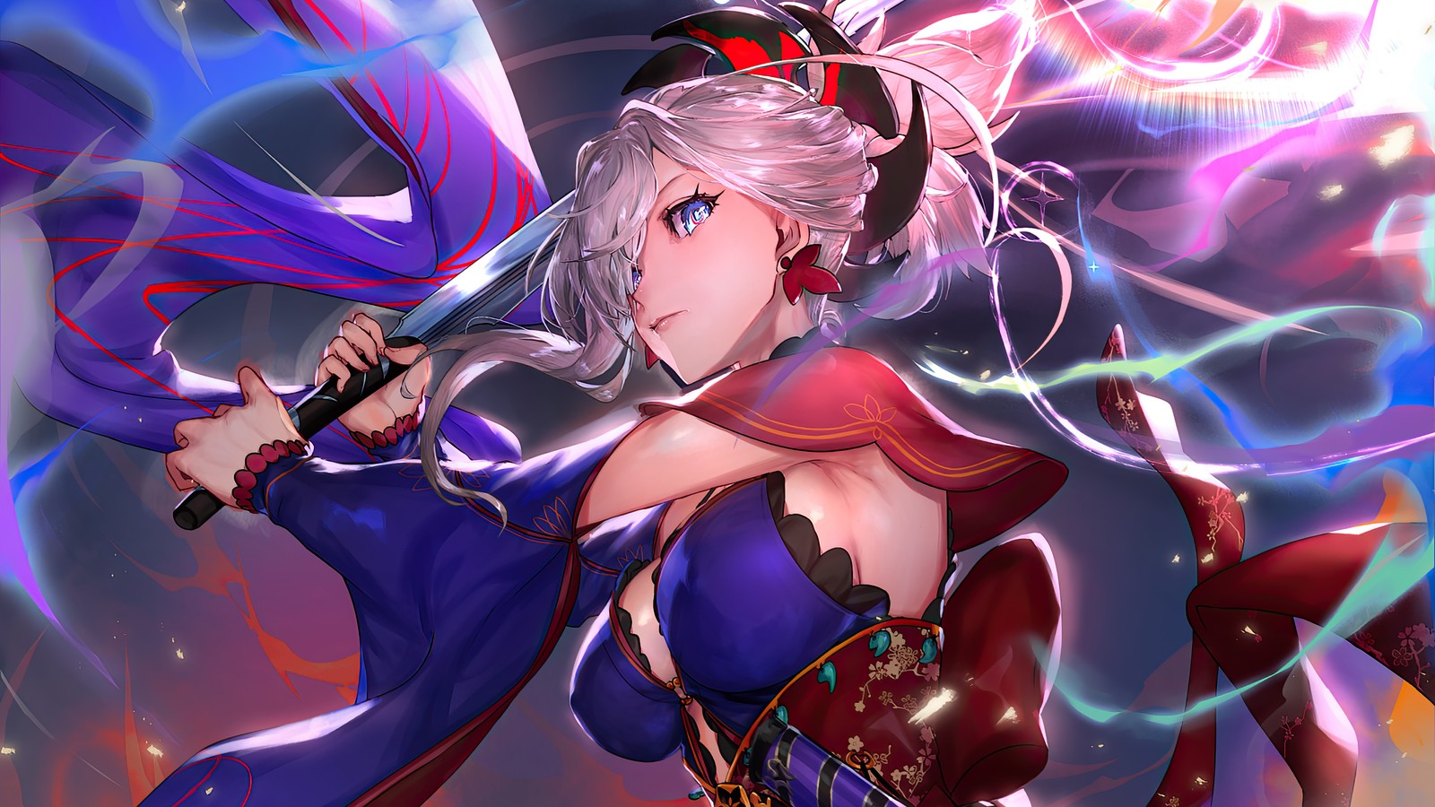 Une femme en tenue violette tenant une épée et une cape violette (miyamoto musashi, fategrand order, fate grand order, fgo, jeu vidéo)