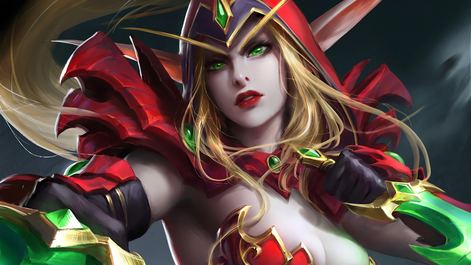 A woman with a red and green outfit and a sword (valeera sanguinar, world of warcraft, video game, blood, elf)