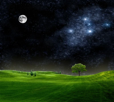 Serene Night Sky Over a Lush Green Field