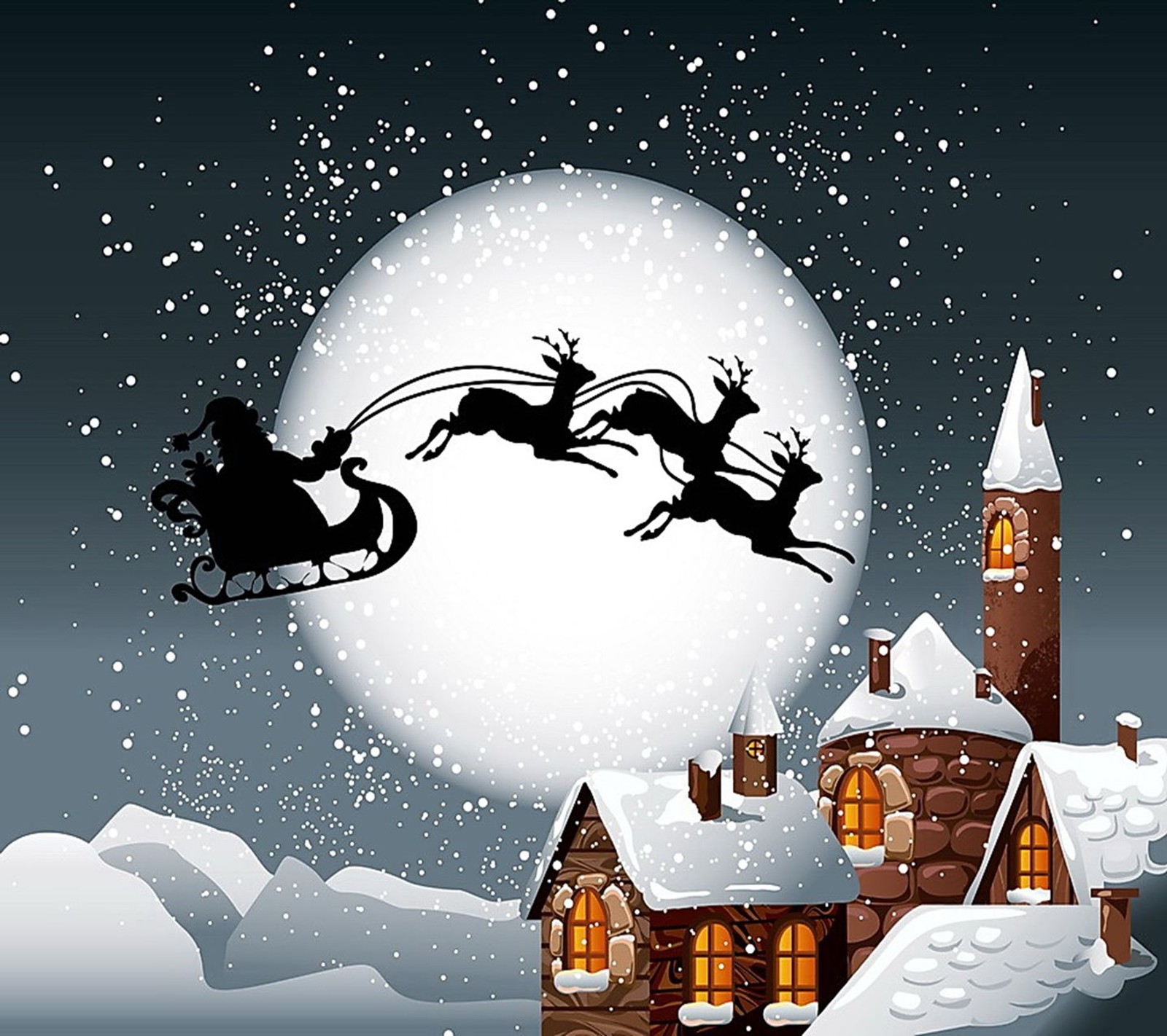 There is a picture of a christmas scene with santa claus flying over a house (christmas, holiday, new, nice, santa)