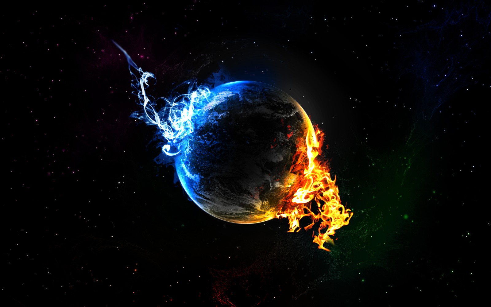 A close up of a fire and water planet in the sky (abstract, black, blue, earth, fire)