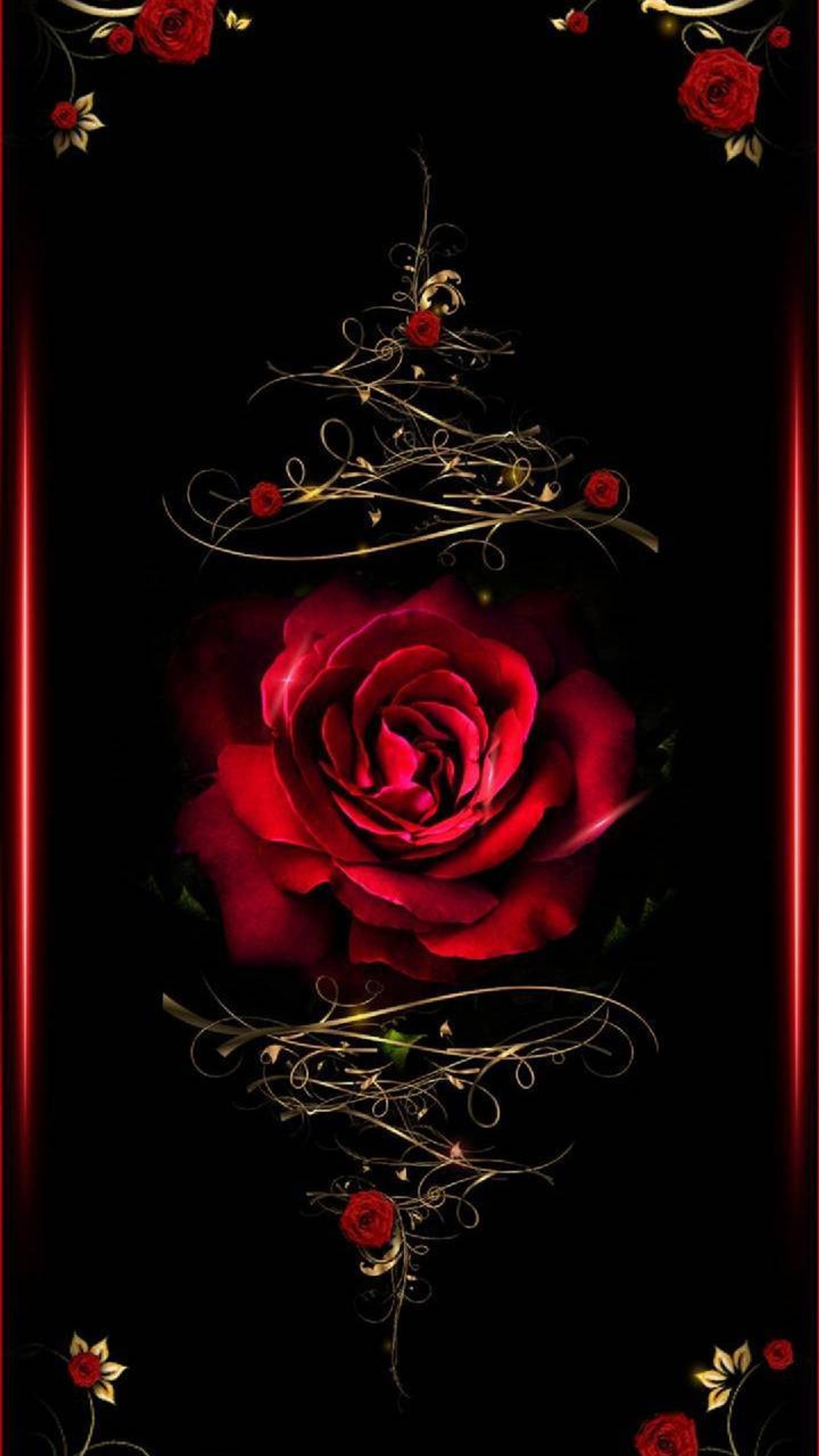 A red rose with gold and red roses on a black background (original, hearts)