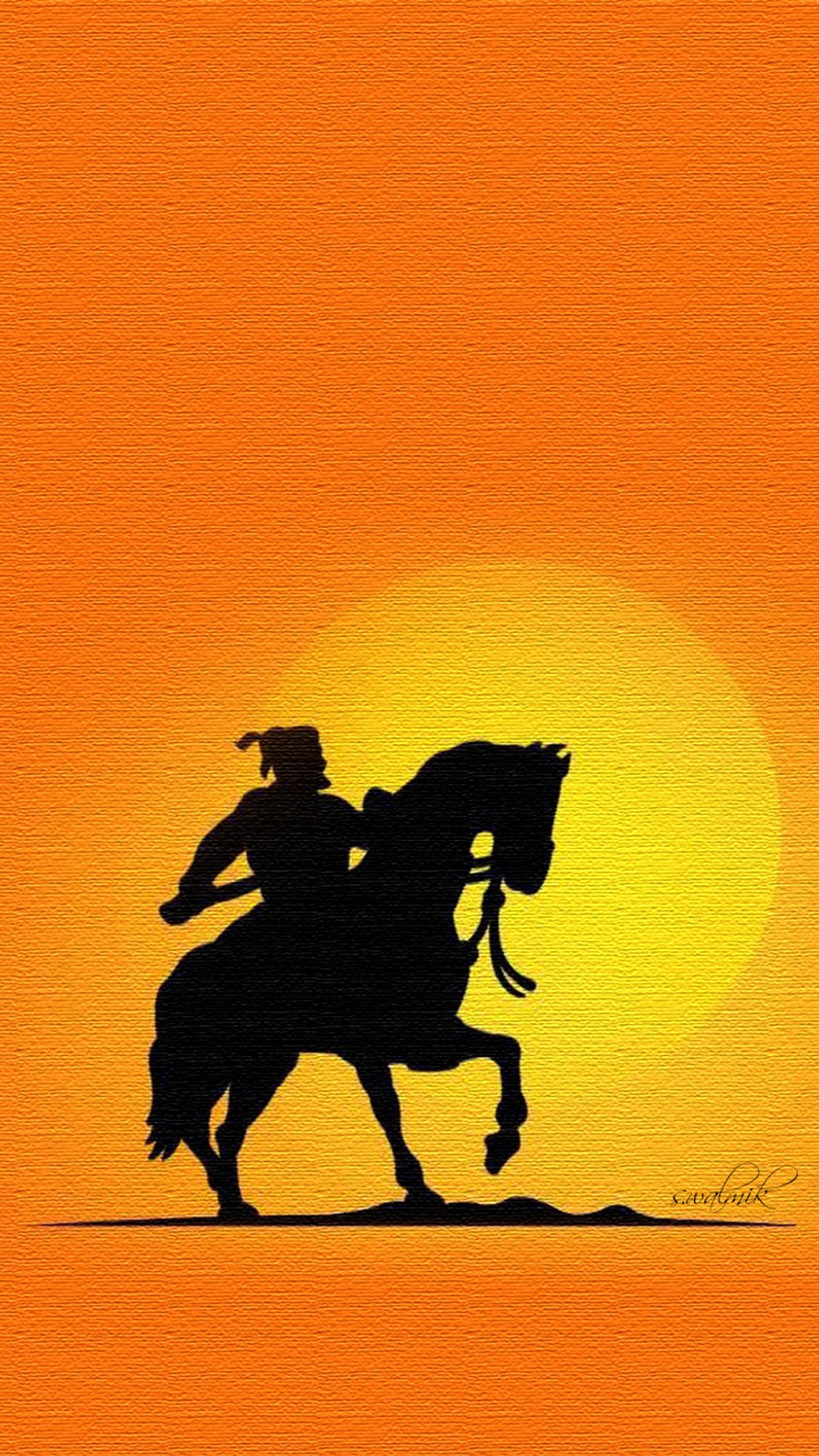 Painting of a man riding a horse in the sunset (love, the great warrior)