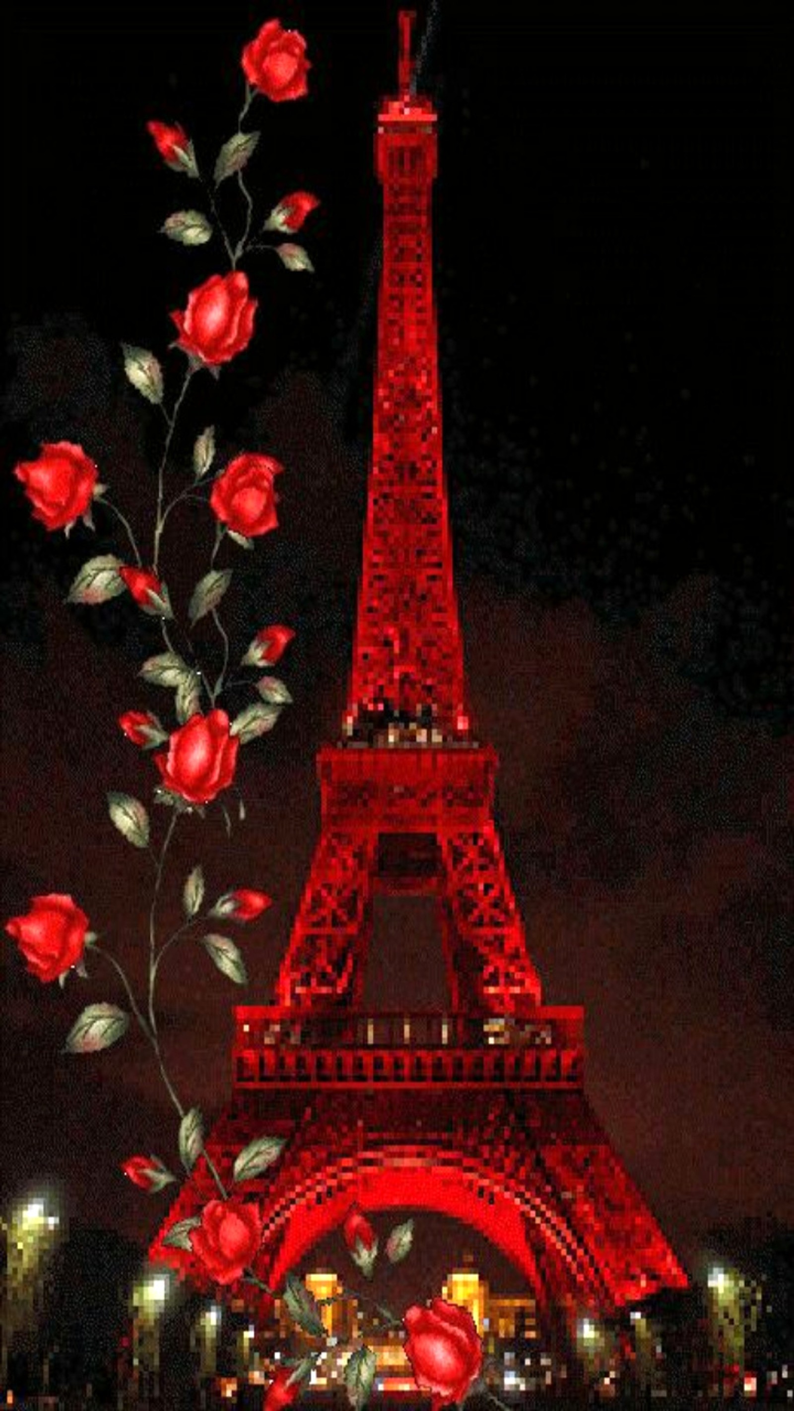 Une image floue de la tour eiffel rouge avec un bouquet de roses (incroyable, rouge)