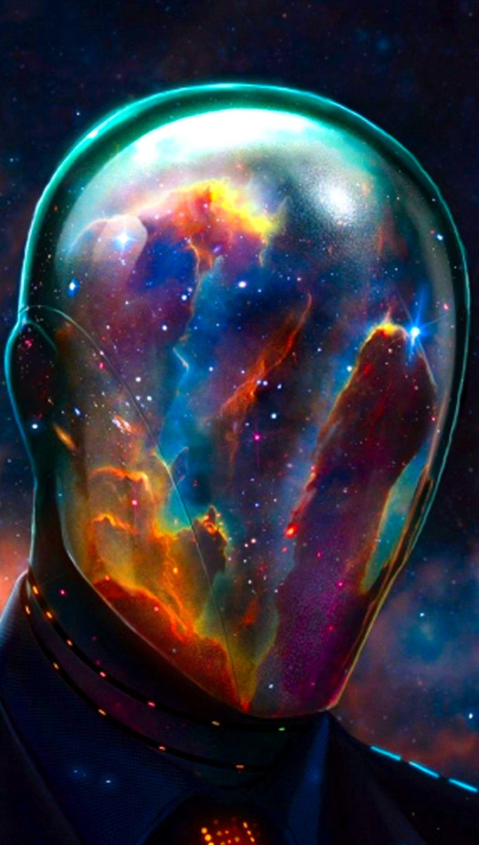 A close up of a person wearing a space suit with a galaxy in the background (colors, cool, space)