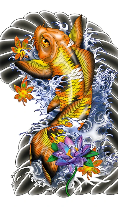 Un tatouage vibrant et conçu de manière complexe représentant un poisson koi entouré de fleurs colorées et de vagues.