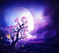 Whimsical Twilight Landscape with Blooming Tree and Celestial Moon