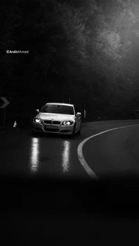 BMW 330d sur une route sinueuse en noir et blanc d'humeur.