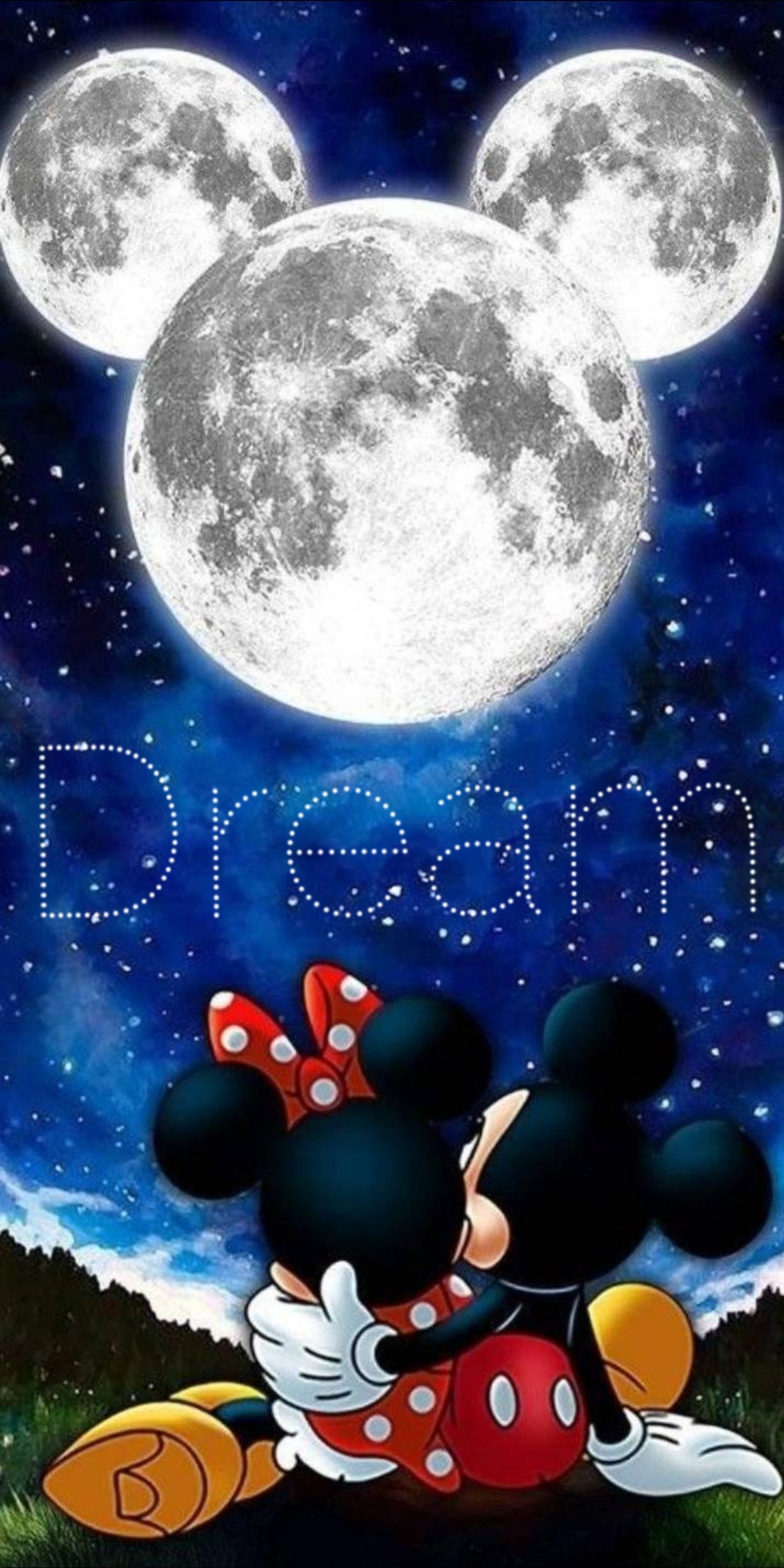 Mickey und minnie mouse umarmen sich unter dem mond (disney, micky, minnie, sterne, walt)