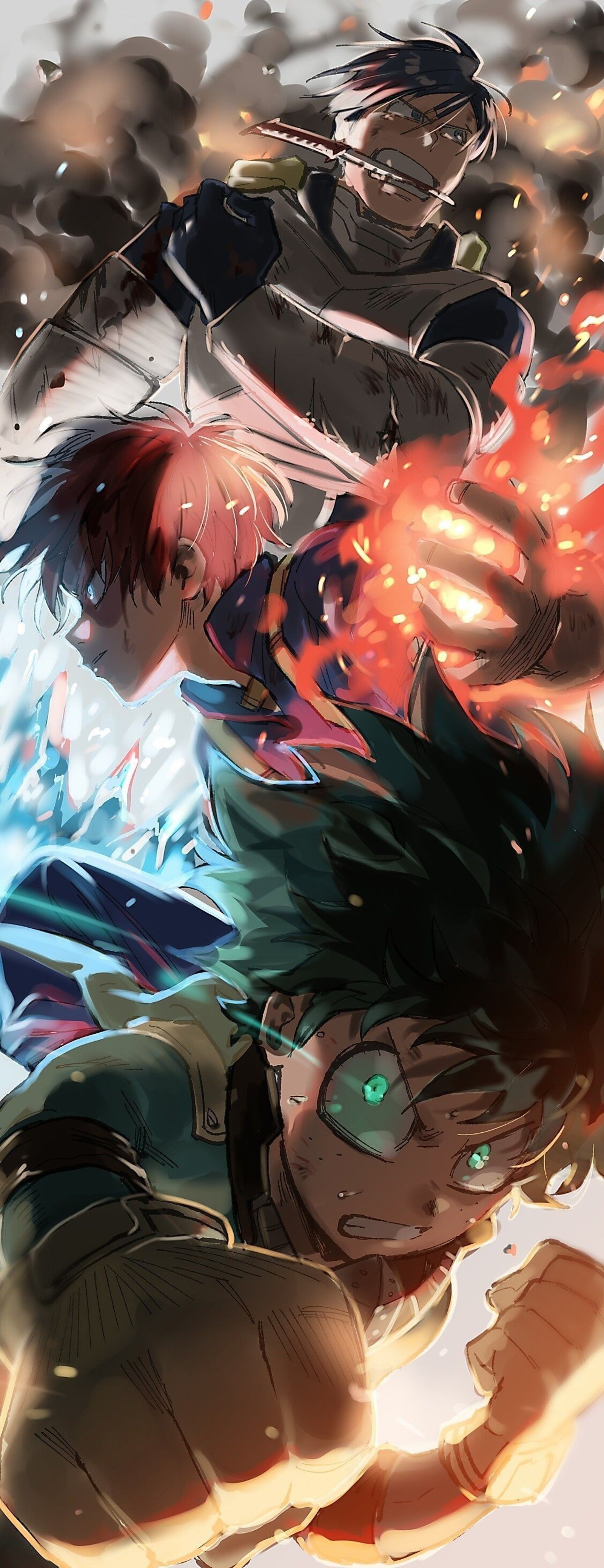 Personagens de anime lutando entre si em uma batalha (midoriya, my hero academia, todoroki)