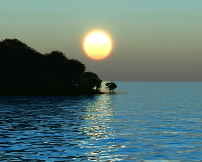 Serene Sunset Over Tranquil Sea and Silhouetted Shoreline