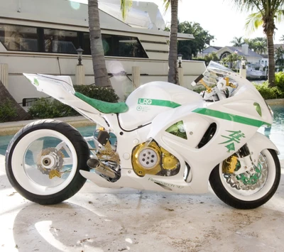 Custom White Suzuki Hayabusa with LRG Branding in a Tropical Setting