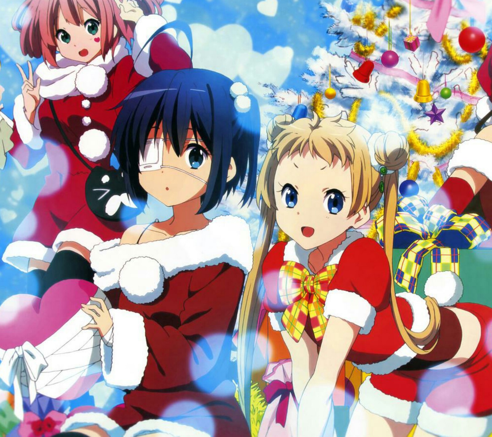 Personagens de anime em trajes de natal posando para uma foto (anime, meninas)