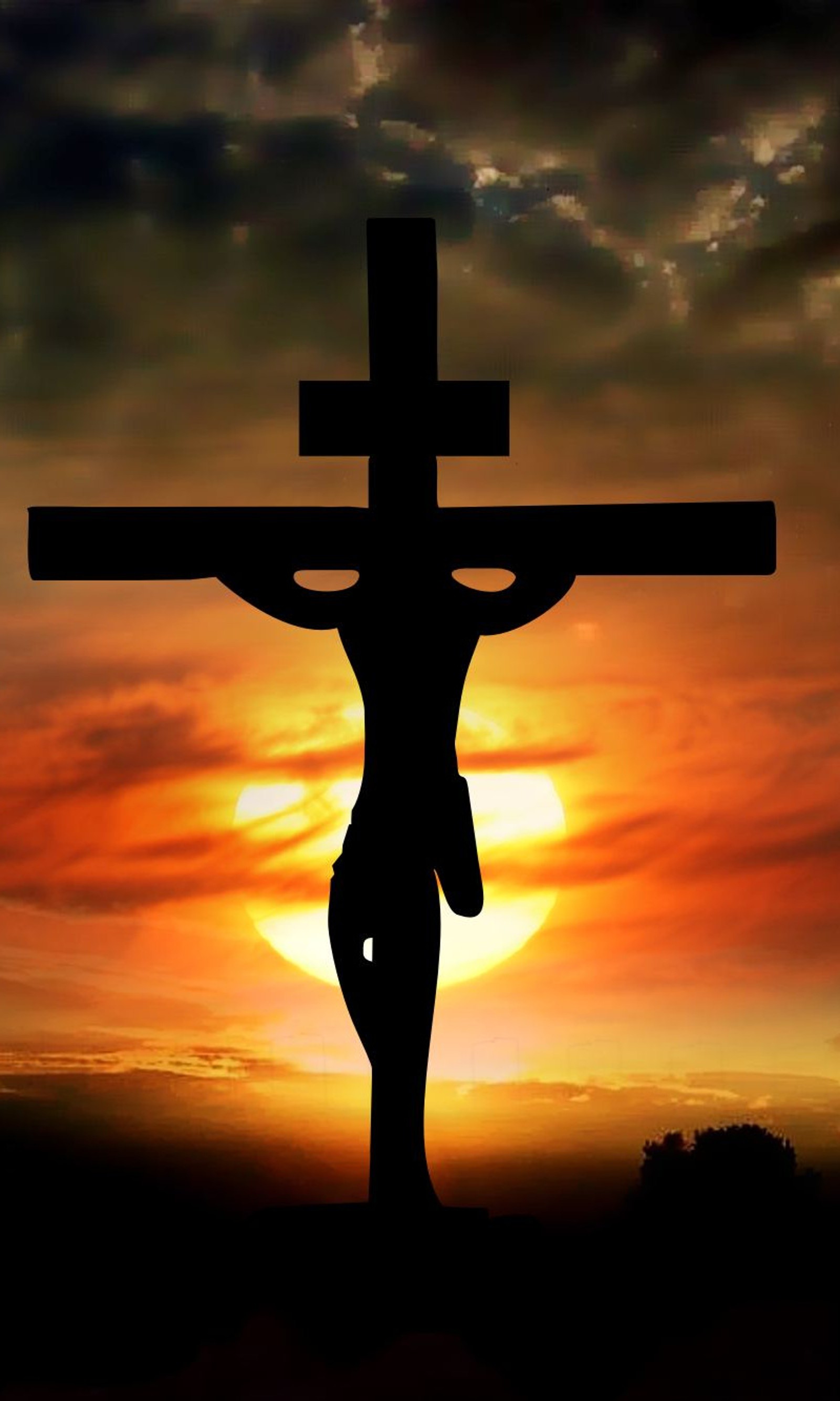 Arabisches bild eines mannes am kreuz mit sonnenuntergang im hintergrund (kreuz, jesus)