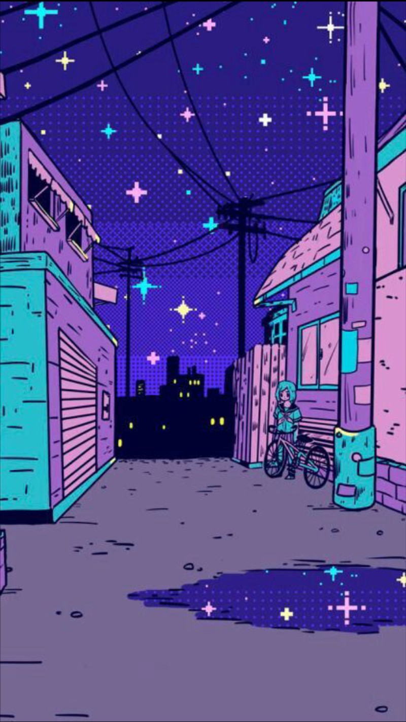 A cartoon drawing of a street with a bike parked in the middle (asthetic, night, stars)