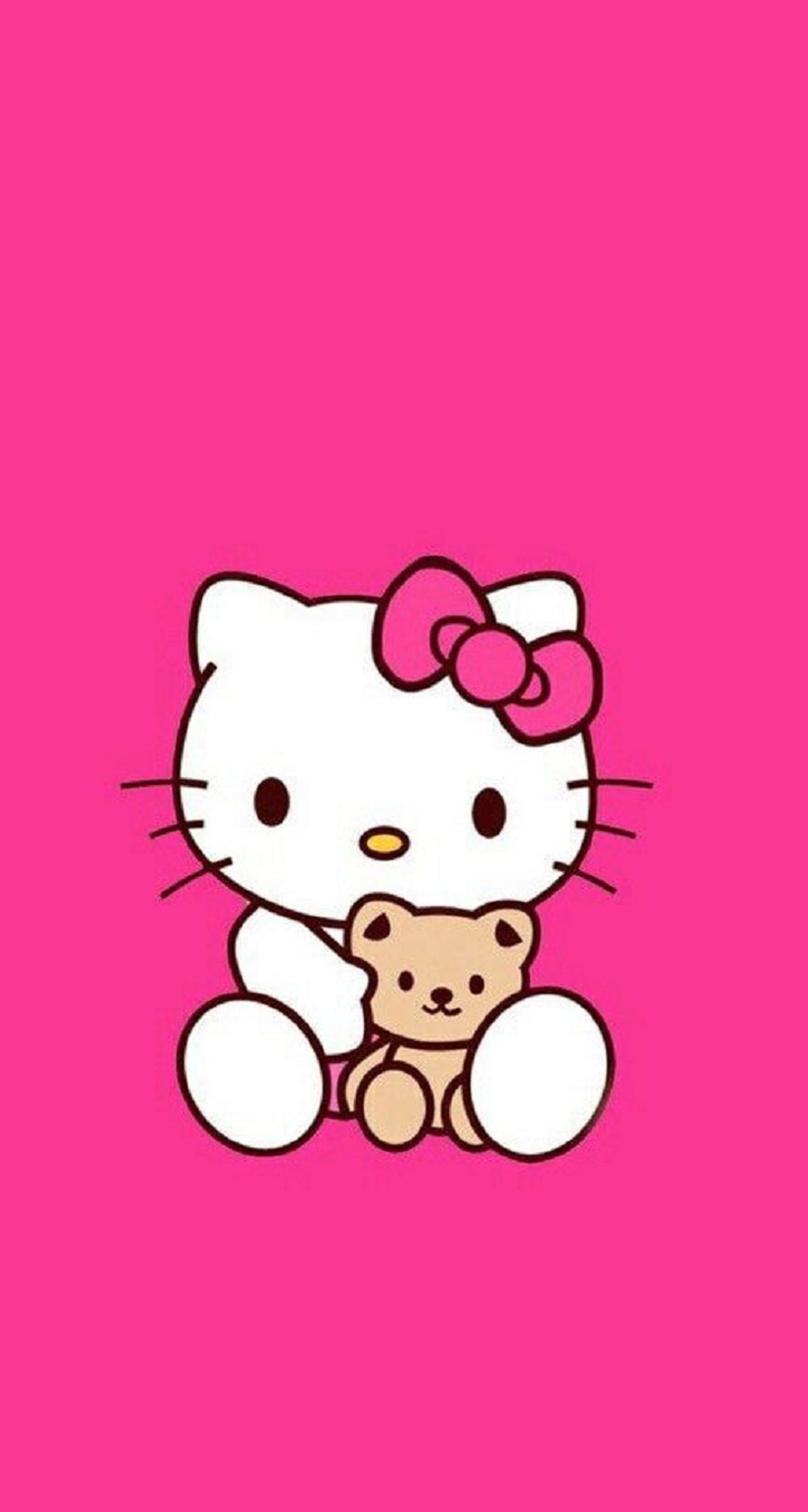 A hello kitty holding a teddy bear on a pink background (anime, kitty)