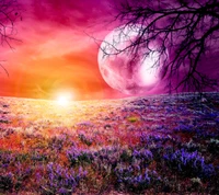 Vivid Purple Flower Field Under a Full Moon