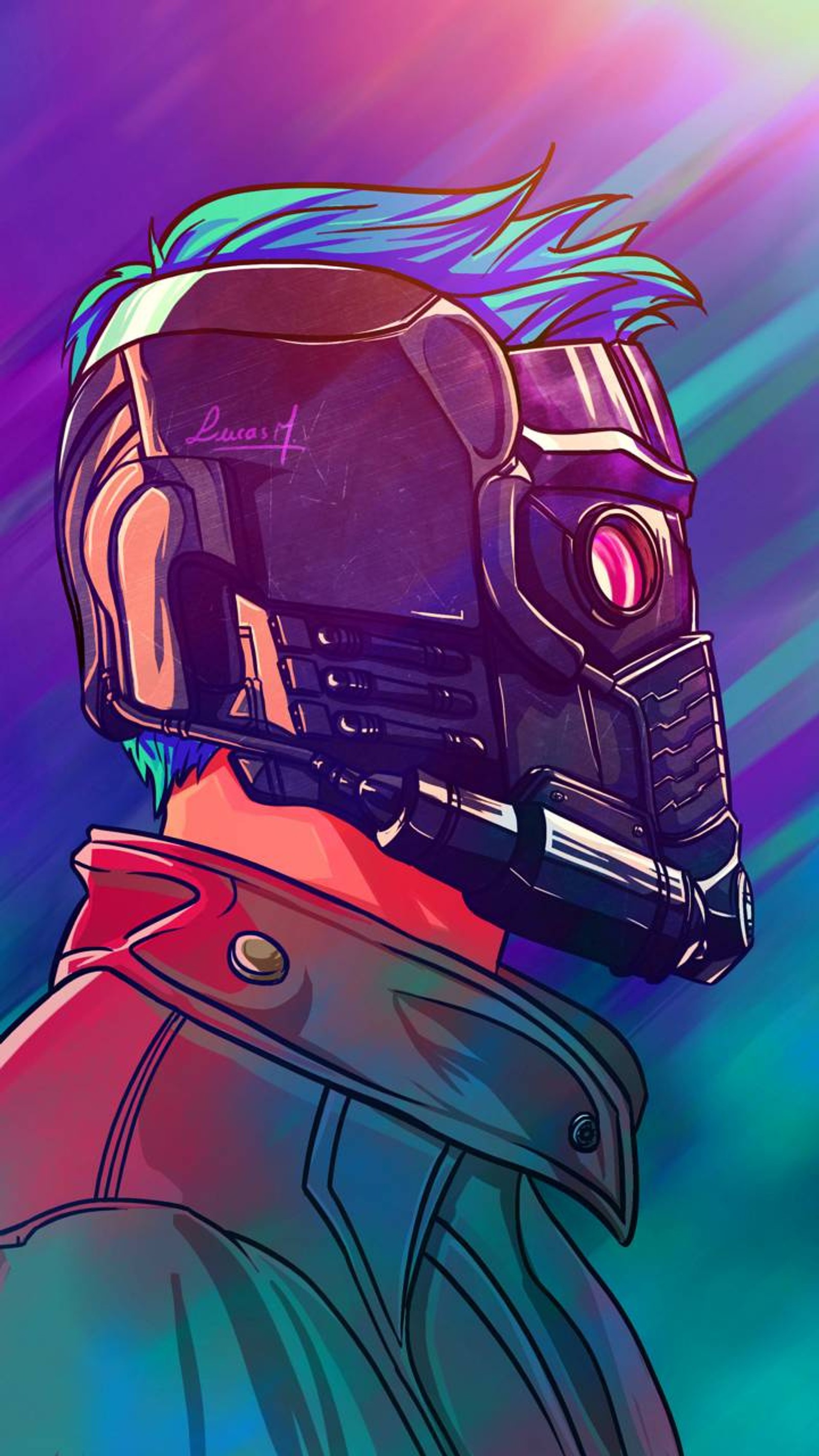 Un primer plano de una persona con un casco y una chaqueta (guardianes de la galaxia, star lord)