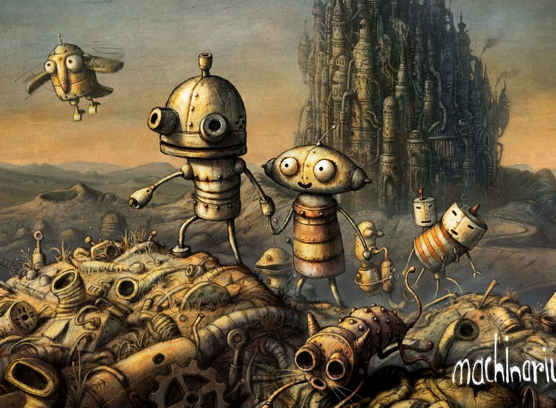 Картина группы роботов, стоящих на куче мусора (android, machinarium, паззл)