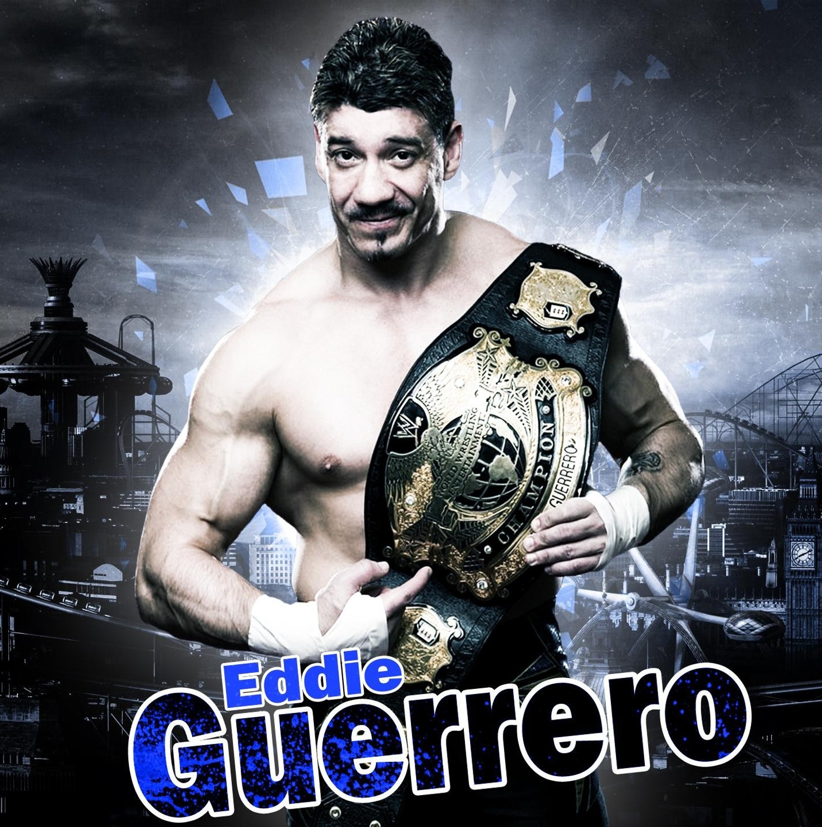 Крупный план мужчины, держащего пояс борьбы на фоне города (eddie guerrero, wwe)