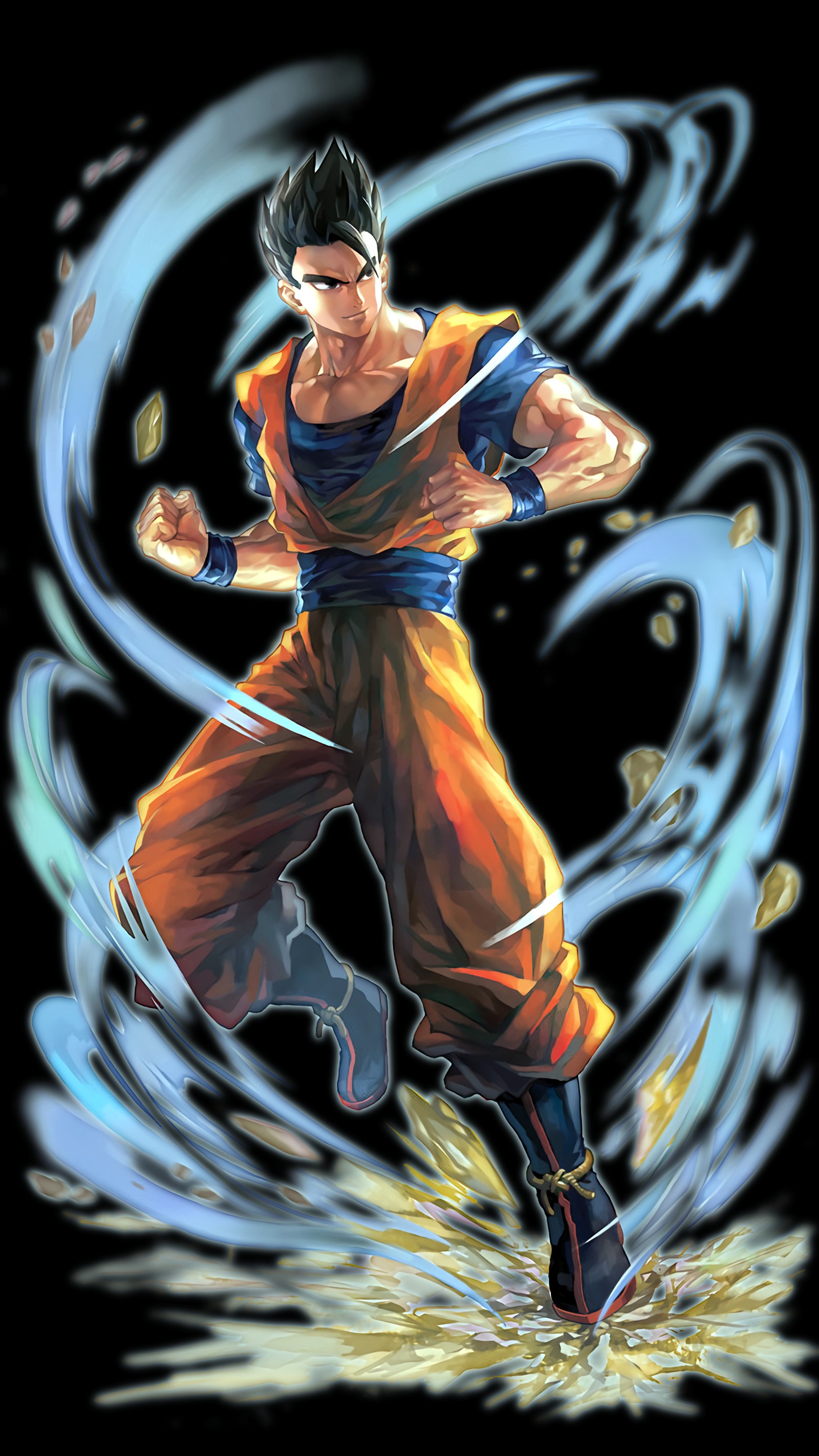 Un dibujo de un joven gohan corriendo a través de un área giratoria (anime, dbz, gohan)