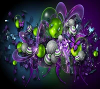 Colorful Abstract Design with Green and Purple Elements and a Butterfly