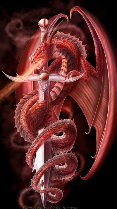 Majestueux Dragon Rouge Enroulé Autour D'une Épée Dans Un Royaume Fantastique