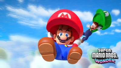 Mario et Luigi s'envolent à travers un ciel vibrant dans "Super Mario Bros. Wonder" sur Nintendo Switch, avec des visuels colorés et une énergie ludique.