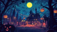 halloween, house, pumpkin head, full moon wallpaper