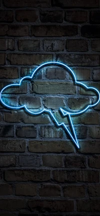 Neon Cloud with Lightning Against Brick Wall