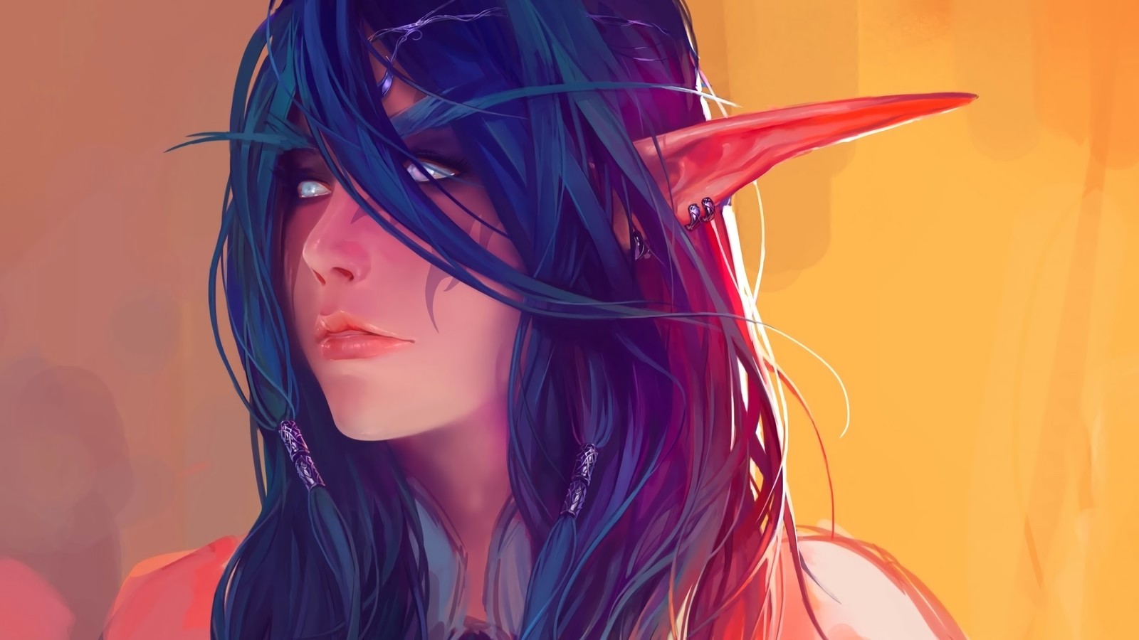 Anime, girl, blue hair, horns, horns, horns, horns, horns, horns, (tyrande whisperwind, world of warcraft, video game, night, elf)