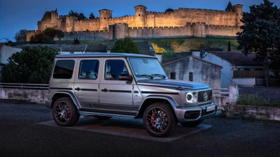 2019 Mercedes-Benz G-Klasse mit AMG-Rädern, die bei Dämmerung neben einem historischen Schloss parkt.