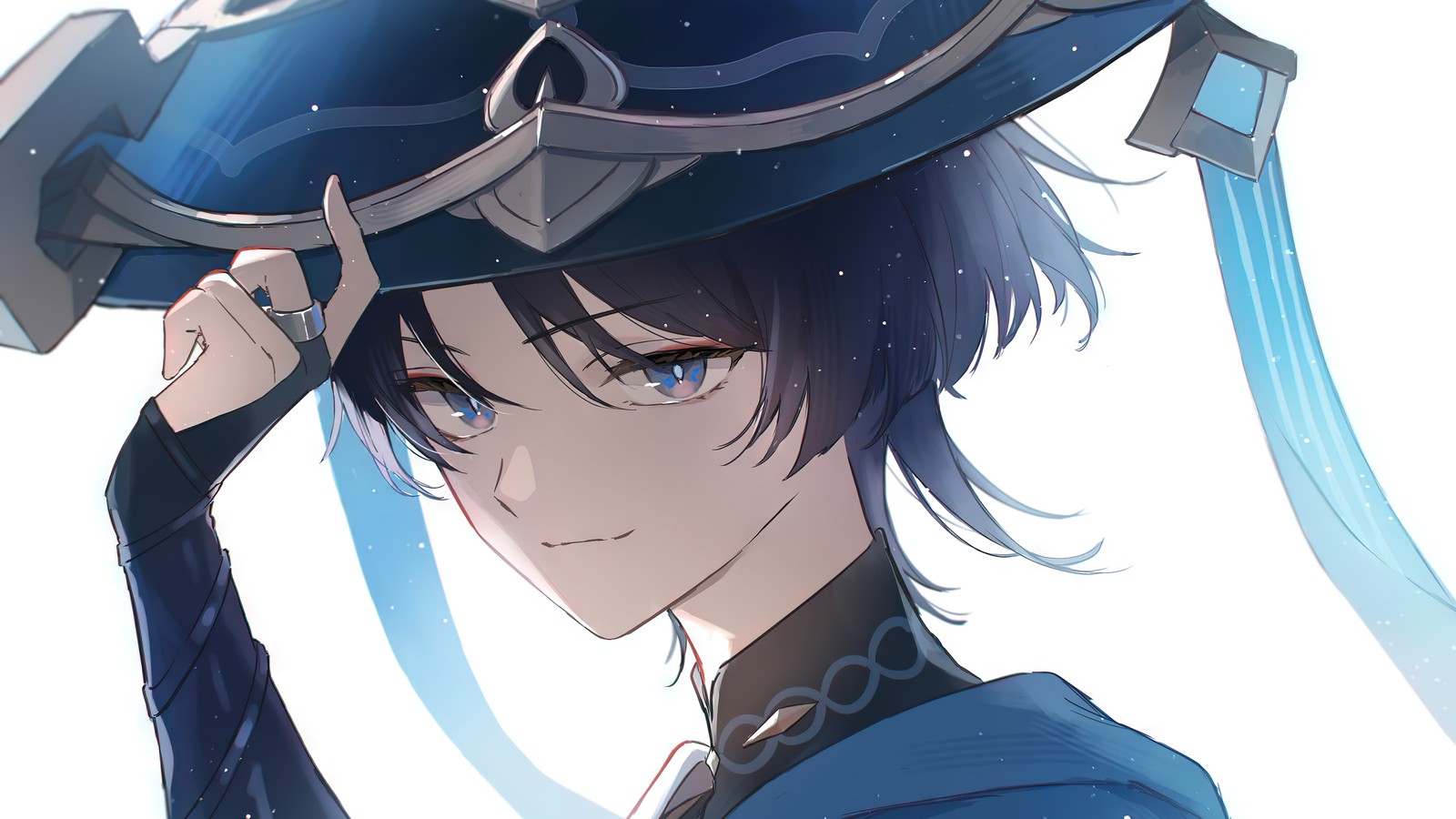 Anime character with blue eyes and a hat on (wanderer, scaramouche, genshin impact, video game, art)