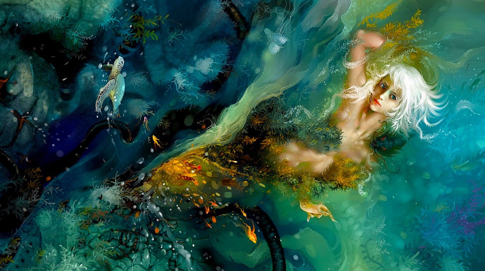 Mermaid painting by artist michael cour (painting, water, underwater, earth, atmosphere)